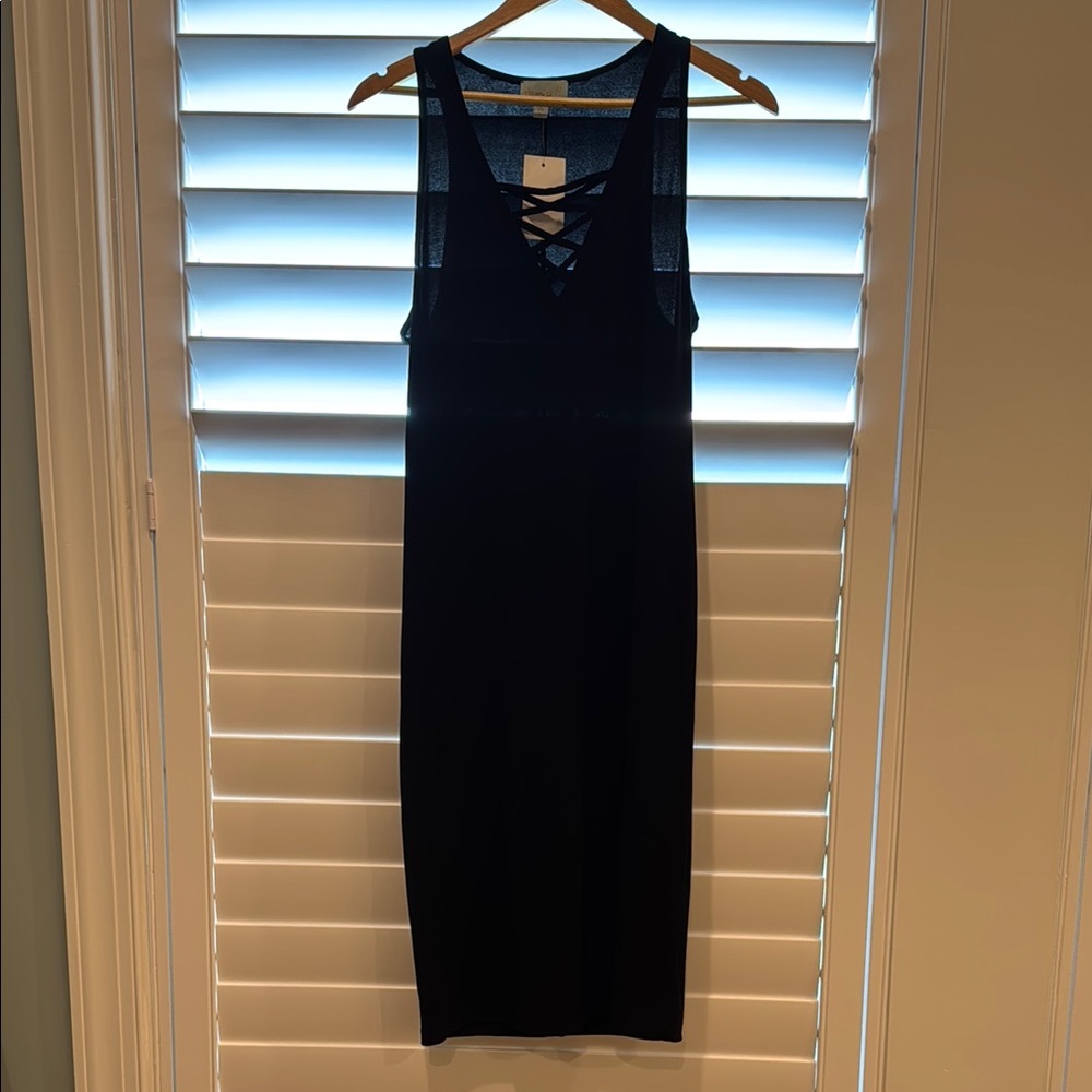 Veronica M Black Ribbed Bodycon Midi Dress